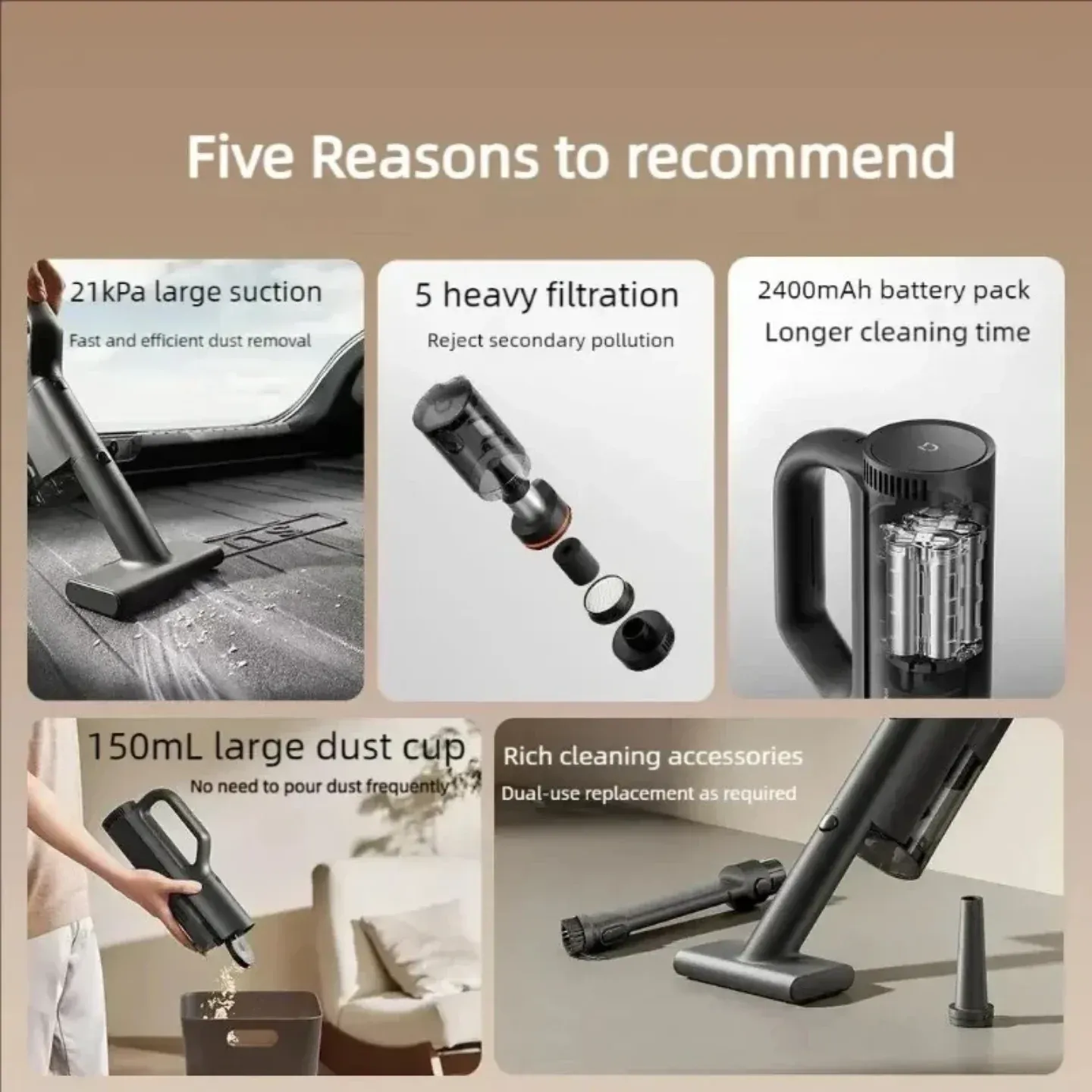 Aspirateur de voiture sans fil Xiaomi, aspirateur portatif de poche à forte puissance d'aspiration, silencieux et léger, avec charge rapide USB-C. 4