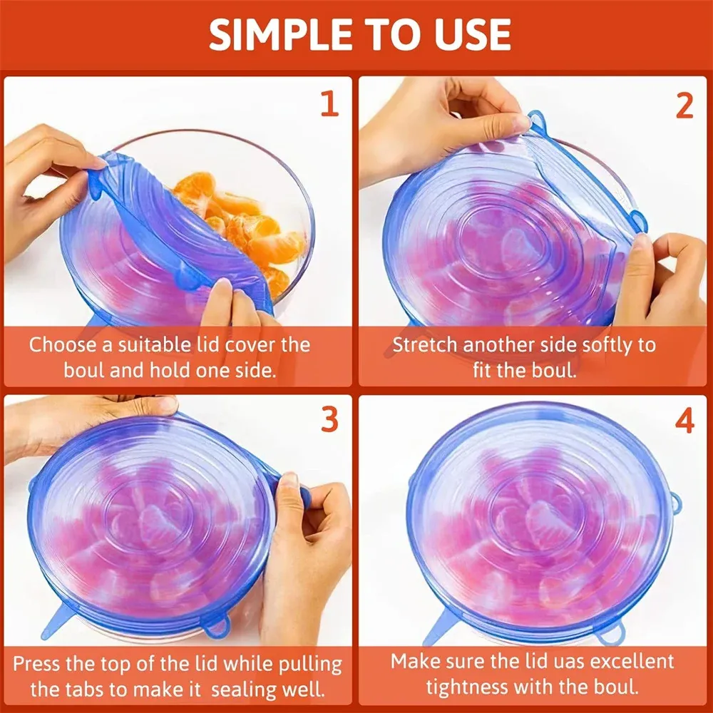 Lot de 6 couvercles de conservation en silicone de qualité alimentaire, réutilisables et hermétiques, universels 3