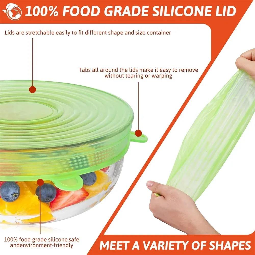 Lot de 6 couvercles de conservation en silicone de qualité alimentaire, réutilisables et hermétiques, universels 4