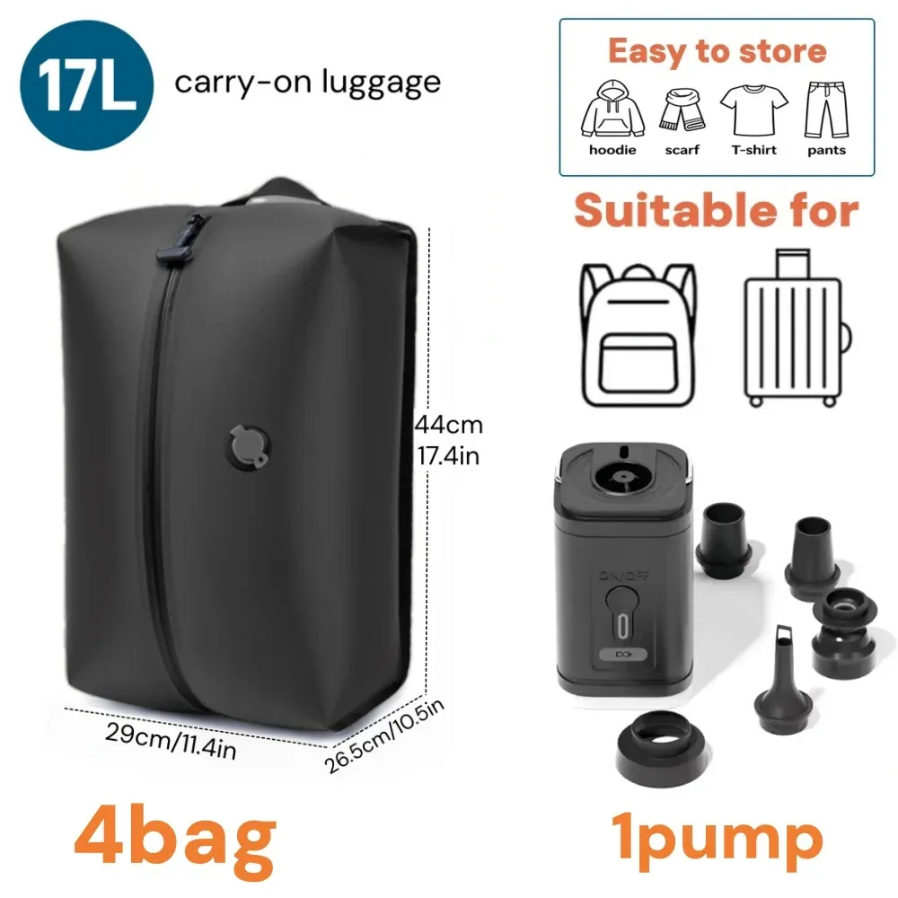 Sacs sous Vide pour Vêtements avec Pompe Électrique Sans Fil, Gain de Place 80 %, 9L, 17L et 34L, Matériau TPU Alimentaire 10