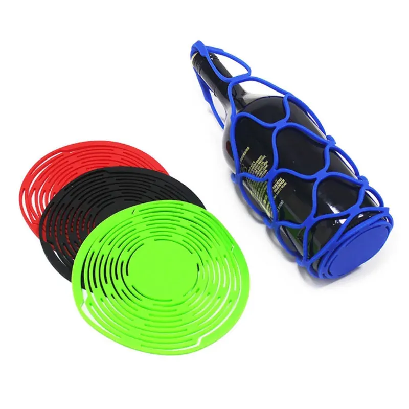 Sac de rangement réutilisable en silicone lavable pour bouteille de vin, avec tapis et panier en maille pour pique-nique 4