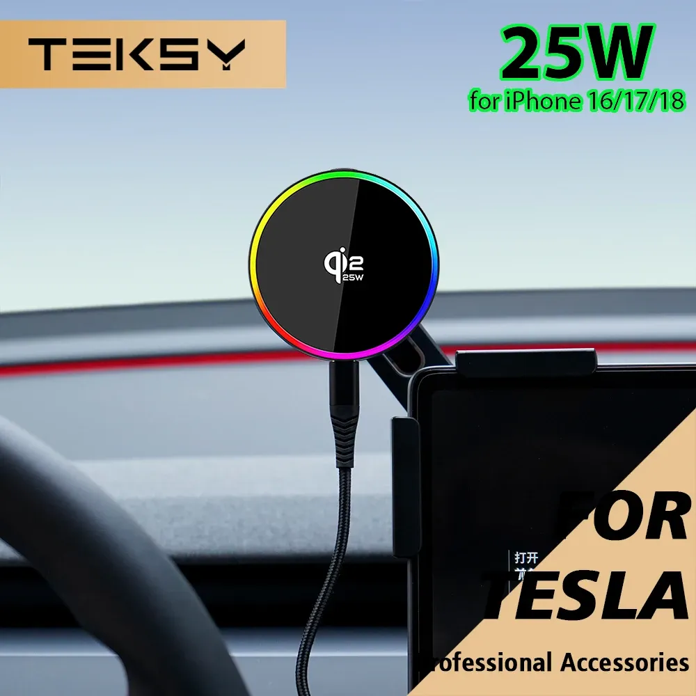 Support magnétique pour voiture avec chargeur sans fil 15W/25W compatible Qi2 et MagSafe, pour Tesla Model Y Juniper 2026, Model 3 et BYD