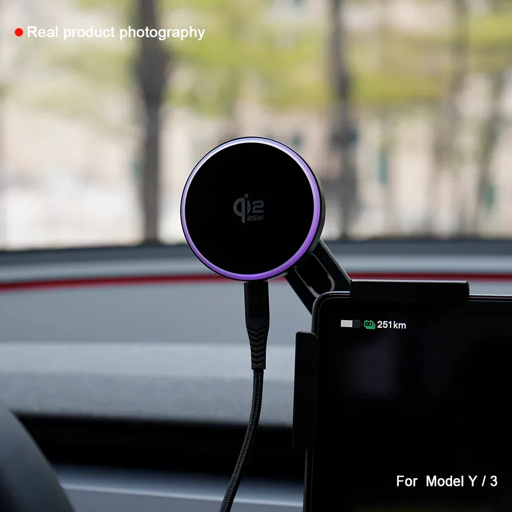 Support magnétique pour voiture avec chargeur sans fil 15W/25W compatible Qi2 et MagSafe, pour Tesla Model Y Juniper 2026, Model 3 et BYD 3