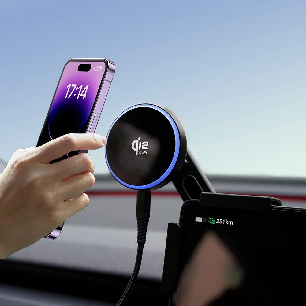 Support magnétique pour voiture avec chargeur sans fil 15W/25W compatible Qi2 et MagSafe, pour Tesla Model Y Juniper 2026, Model 3 et BYD 4