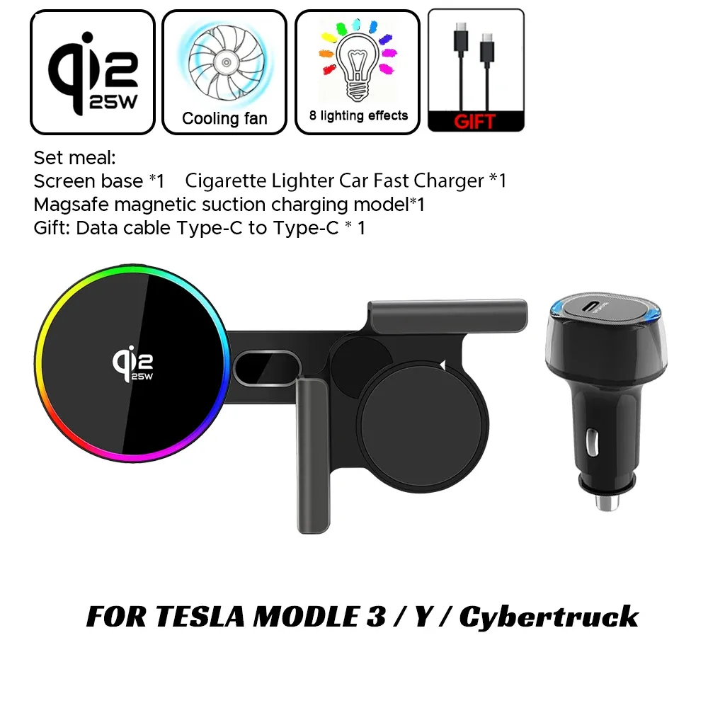Support magnétique pour voiture avec chargeur sans fil 15W/25W compatible Qi2 et MagSafe, pour Tesla Model Y Juniper 2026, Model 3 et BYD 12