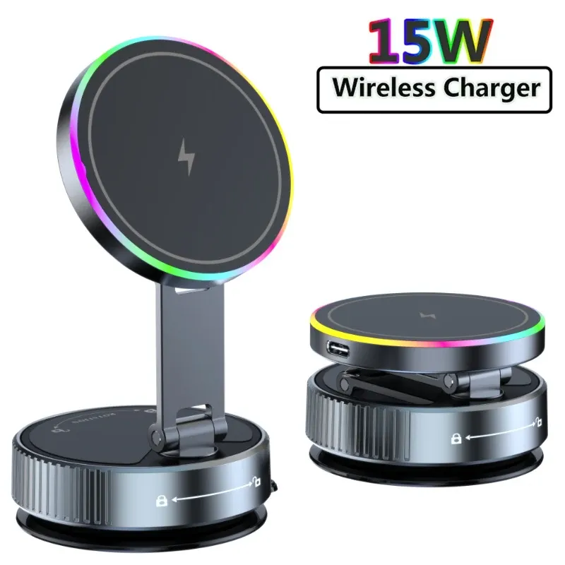 Support de téléphone magnétique sans fil à ventouse sous vide 15W pour voiture, rotatif à 360 degrés, compatible avec les smartphones iPhone 2