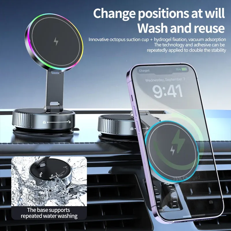 Support de téléphone magnétique sans fil à ventouse sous vide 15W pour voiture, rotatif à 360 degrés, compatible avec les smartphones iPhone 3