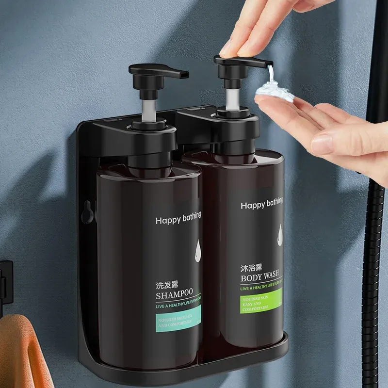 Distributeur de savon mural manuel sans perçage pour salle de bain, distributeur de shampoing et gel douche pour hôtel - Image 1