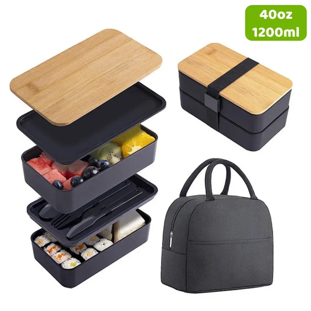 Boîte à déjeuner Bento pour adultes avec compartiments, ensemble de récipients de conservation des aliments à 2 niveaux avec couverts pour enfants, compartiment à légumes compatible micro-ondes et lave-vaisselle - Image 1