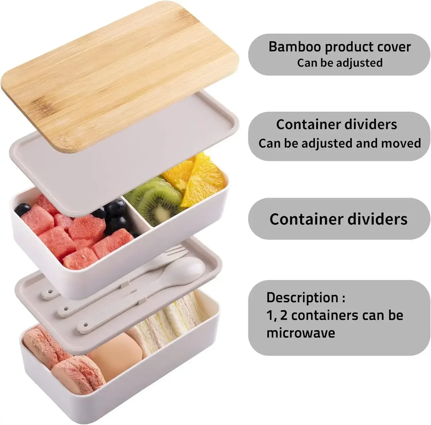 Boîte à déjeuner Bento pour adultes avec compartiments, ensemble de récipients de conservation des aliments à 2 niveaux avec couverts pour enfants, compartiment à légumes compatible micro-ondes et lave-vaisselle 2