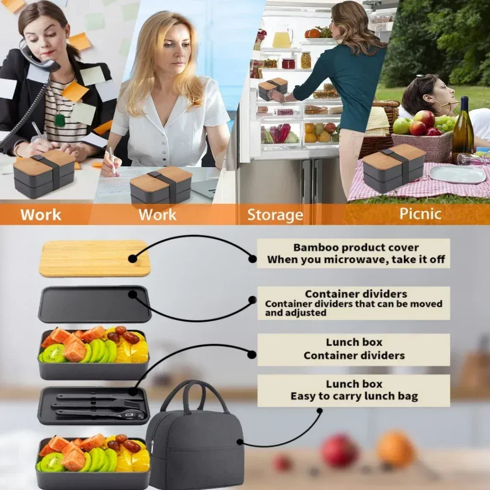 Boîte à déjeuner Bento pour adultes avec compartiments, ensemble de récipients de conservation des aliments à 2 niveaux avec couverts pour enfants, compartiment à légumes compatible micro-ondes et lave-vaisselle 6