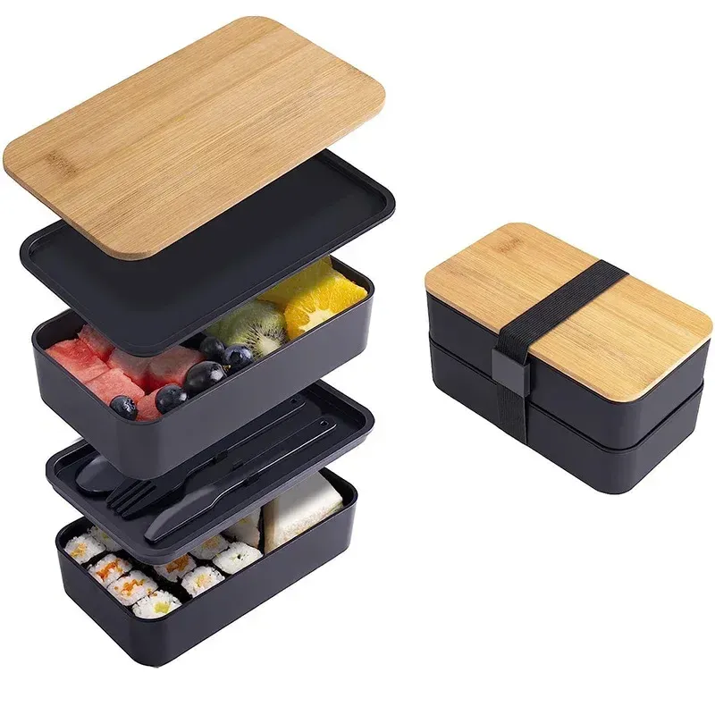 Boîte à déjeuner Bento pour adultes avec compartiments, ensemble de récipients de conservation des aliments à 2 niveaux avec couverts pour enfants, compartiment à légumes compatible micro-ondes et lave-vaisselle 7