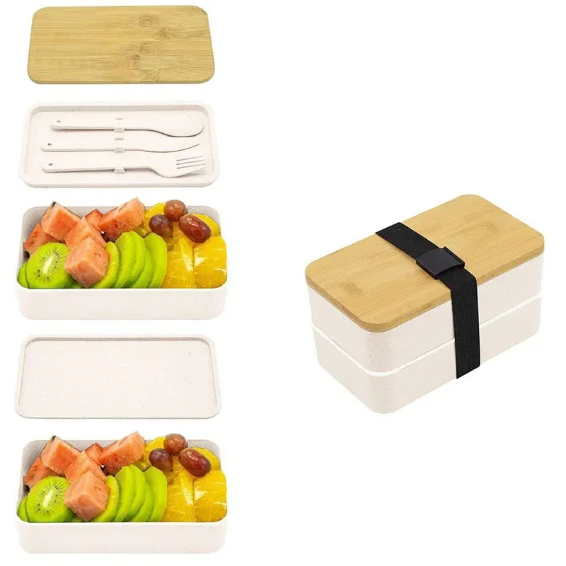 Boîte à déjeuner Bento pour adultes avec compartiments, ensemble de récipients de conservation des aliments à 2 niveaux avec couverts pour enfants, compartiment à légumes compatible micro-ondes et lave-vaisselle 11