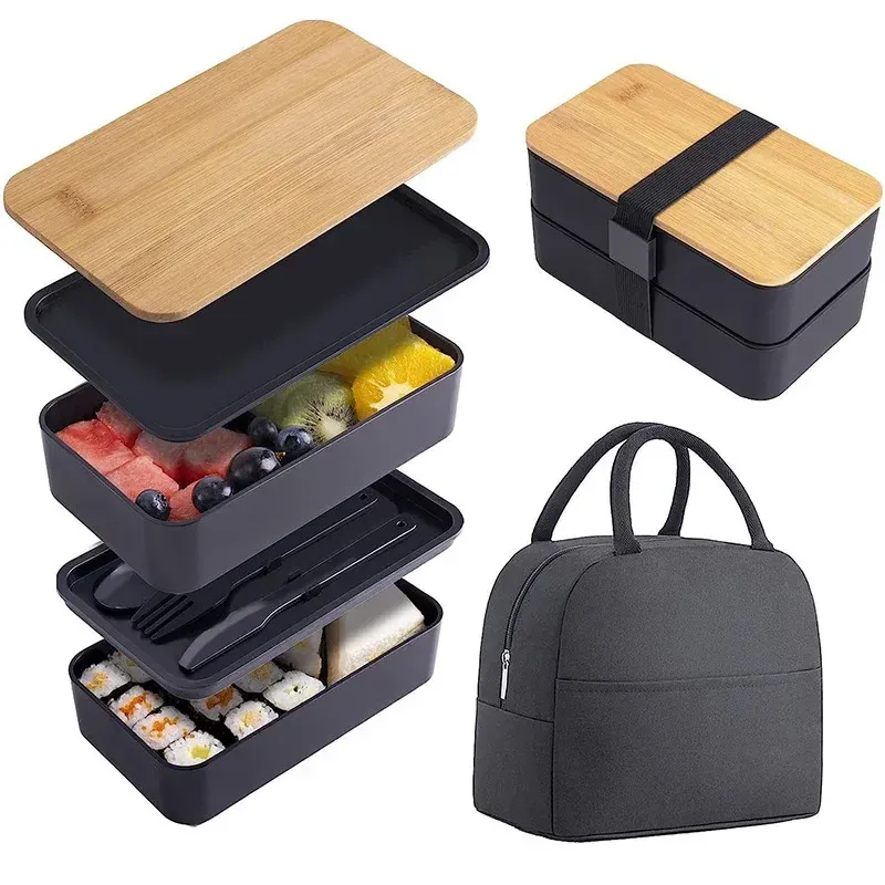 Boîte à déjeuner Bento pour adultes avec compartiments, ensemble de récipients de conservation des aliments à 2 niveaux avec couverts pour enfants, compartiment à légumes compatible micro-ondes et lave-vaisselle 12