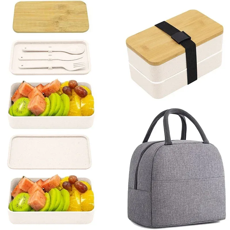 Boîte à déjeuner Bento pour adultes avec compartiments, ensemble de récipients de conservation des aliments à 2 niveaux avec couverts pour enfants, compartiment à légumes compatible micro-ondes et lave-vaisselle 13