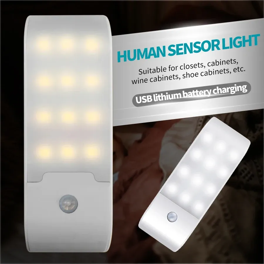 Veilleuse LED rechargeable USB avec capteur de mouvement, 12 LED haute luminosité, pour couloir, salle de bain, placard, cuisine et sous-meuble 2