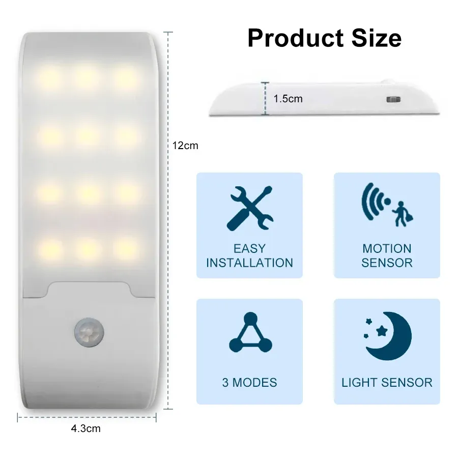 Veilleuse LED rechargeable USB avec capteur de mouvement, 12 LED haute luminosité, pour couloir, salle de bain, placard, cuisine et sous-meuble 4