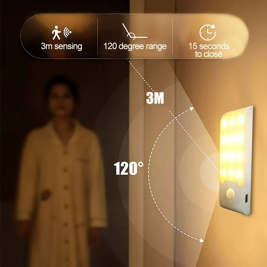 Veilleuse LED rechargeable USB avec capteur de mouvement, 12 LED haute luminosité, pour couloir, salle de bain, placard, cuisine et sous-meuble 5