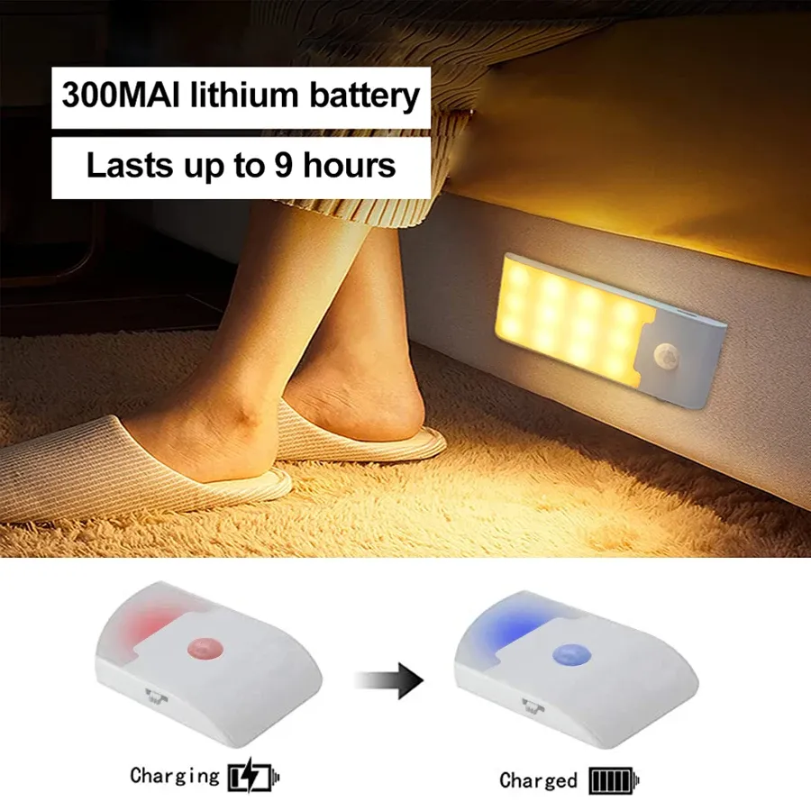 Veilleuse LED rechargeable USB avec capteur de mouvement, 12 LED haute luminosité, pour couloir, salle de bain, placard, cuisine et sous-meuble 6