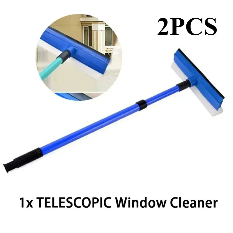 Nettoyeur de vitres télescopique 2 en 1 à long manche, raclette et brosse éponge - Image 1