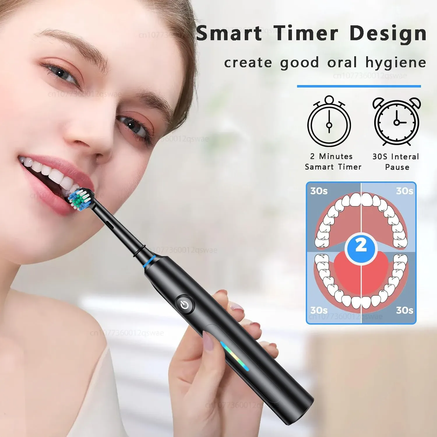 Brosse à dents électrique intelligente, 5 modes de nettoyage, brosse à dents électrique rotative étanche avec 8 têtes de brosse 5