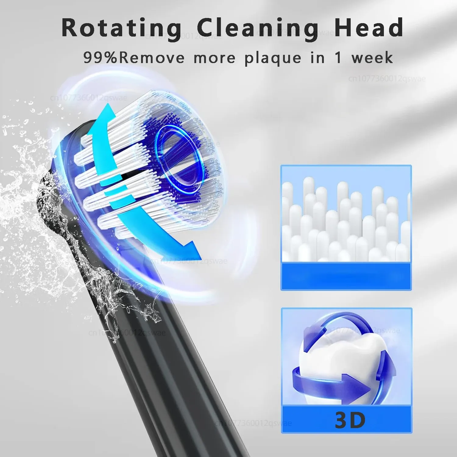 Détail de la brosse à dents électrique et de ses têtes de brosse