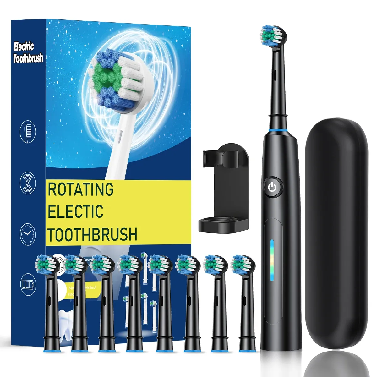 Brosse à dents électrique intelligente, 5 modes de nettoyage, brosse à dents électrique rotative étanche avec 8 têtes de brosse 9