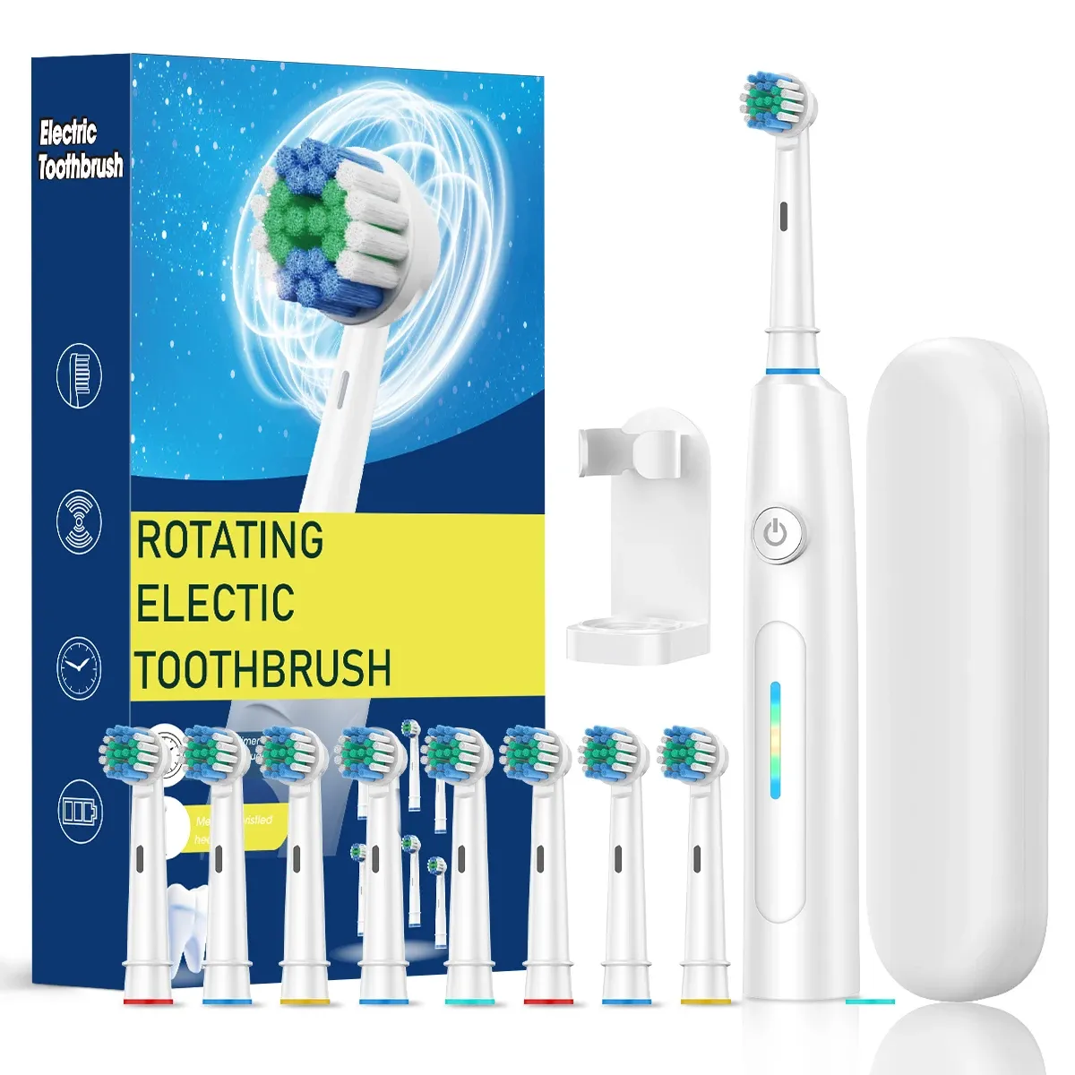 Brosse à dents électrique intelligente, 5 modes de nettoyage, brosse à dents électrique rotative étanche avec 8 têtes de brosse 8