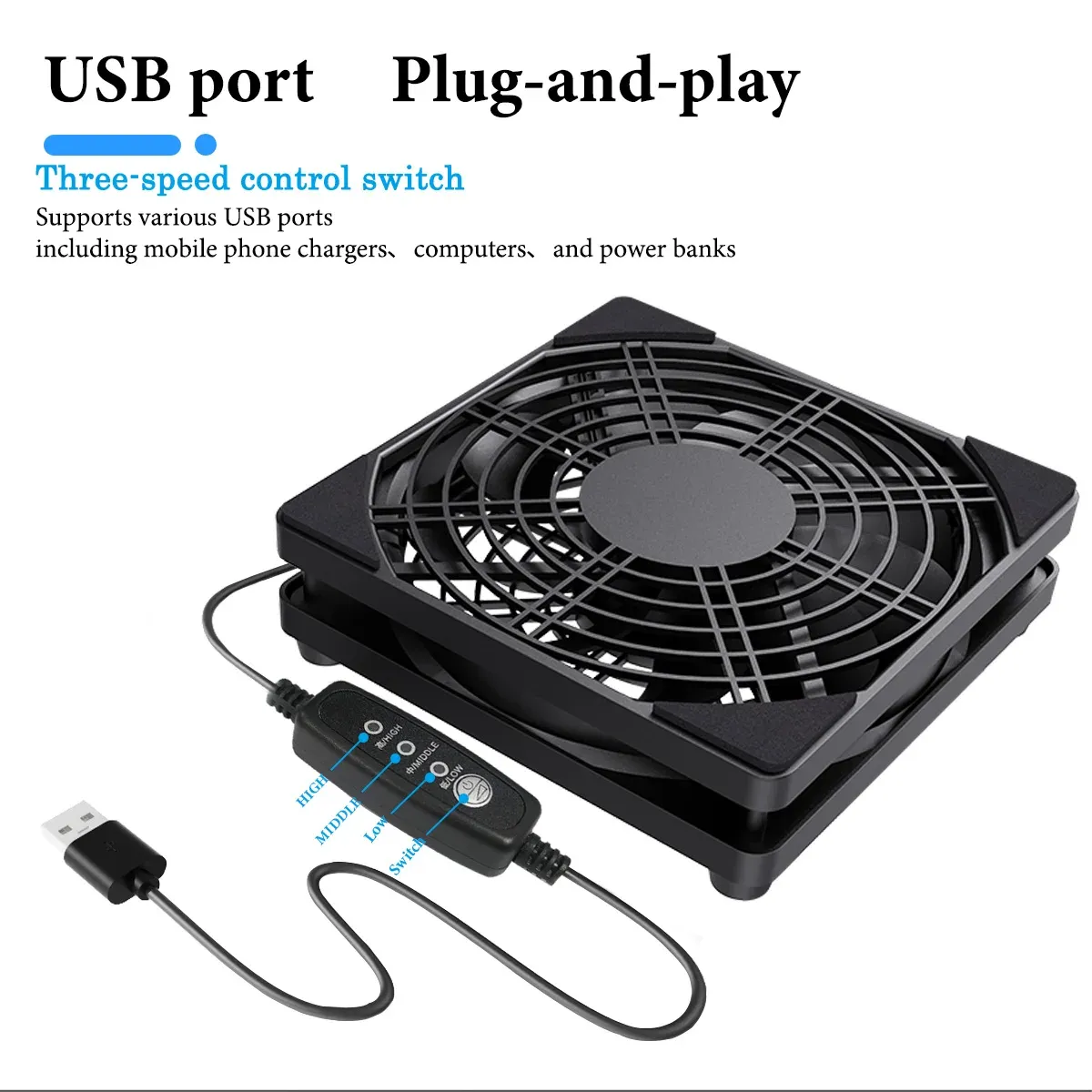 Ventilateur de refroidissement USB 5 V pour routeur, à trois vitesses réglables
