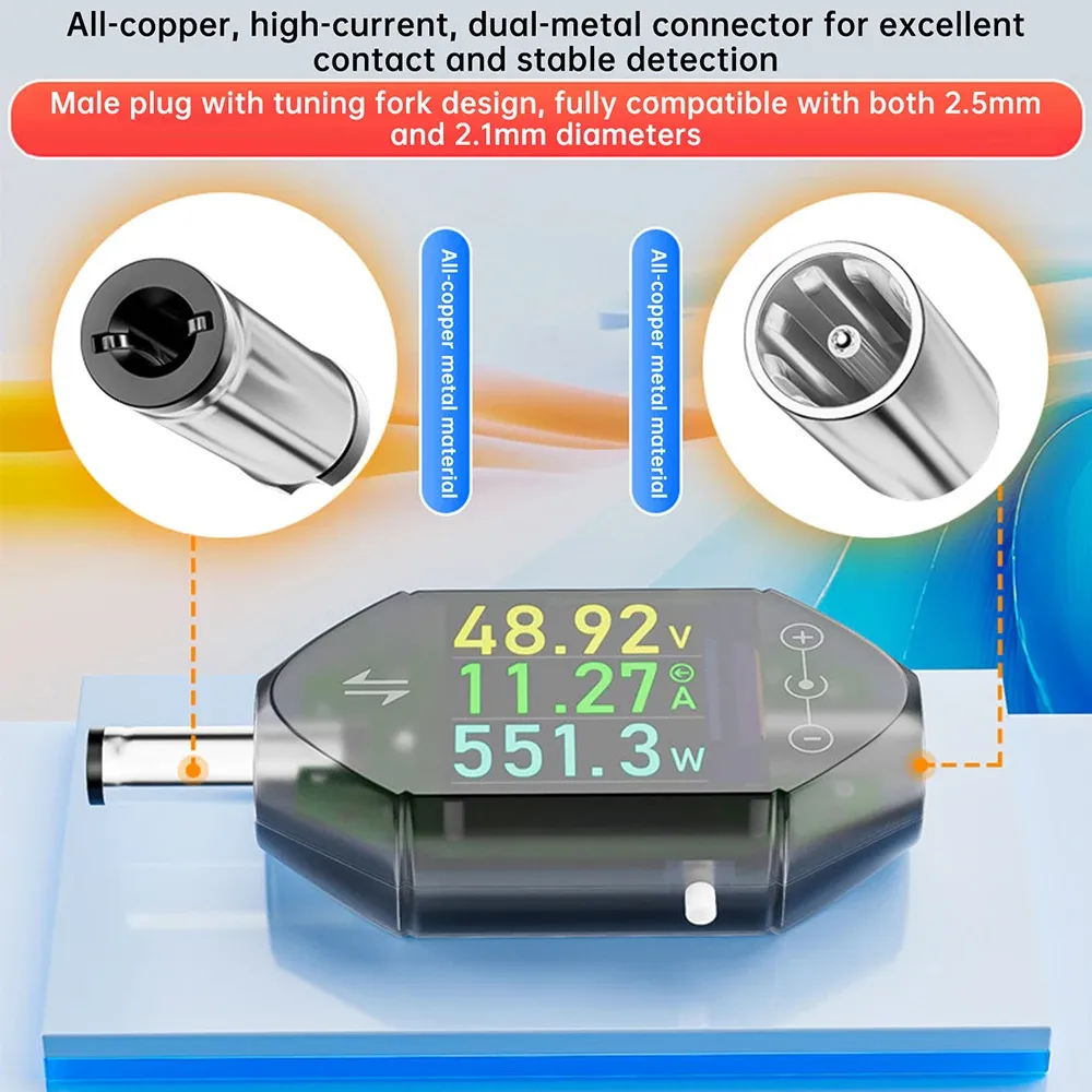 Testeur de courant et de tension haute précision DT550 – Entrée DC 4,5–50 V, 0–12 A, connecteur DC 5,5 × 2,5 mm 3