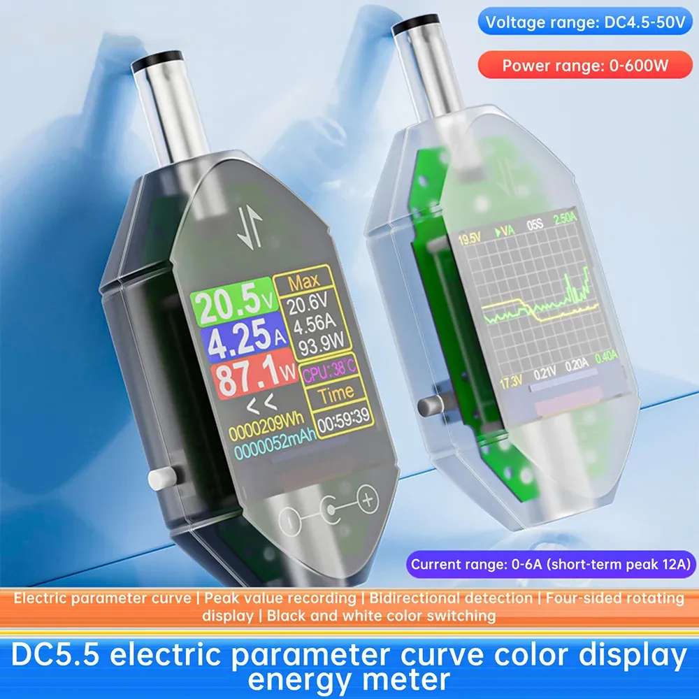 Testeur de courant et de tension haute précision DT550 – Entrée DC 4,5–50 V, 0–12 A, connecteur DC 5,5 × 2,5 mm 5