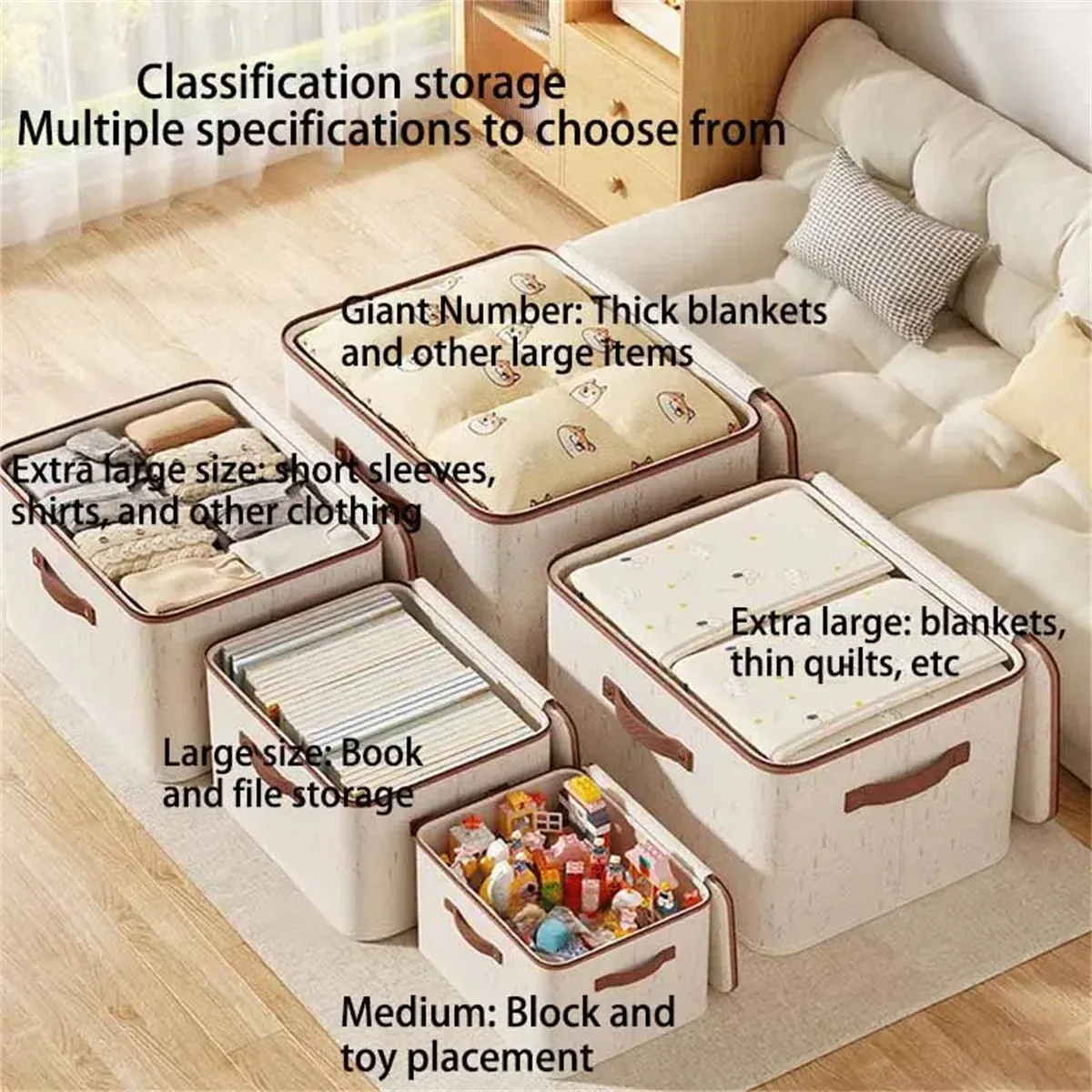 Grande boîte de rangement rigide en coton et lin avec couvercle zippé pour vêtements, jouets et couvertures 3