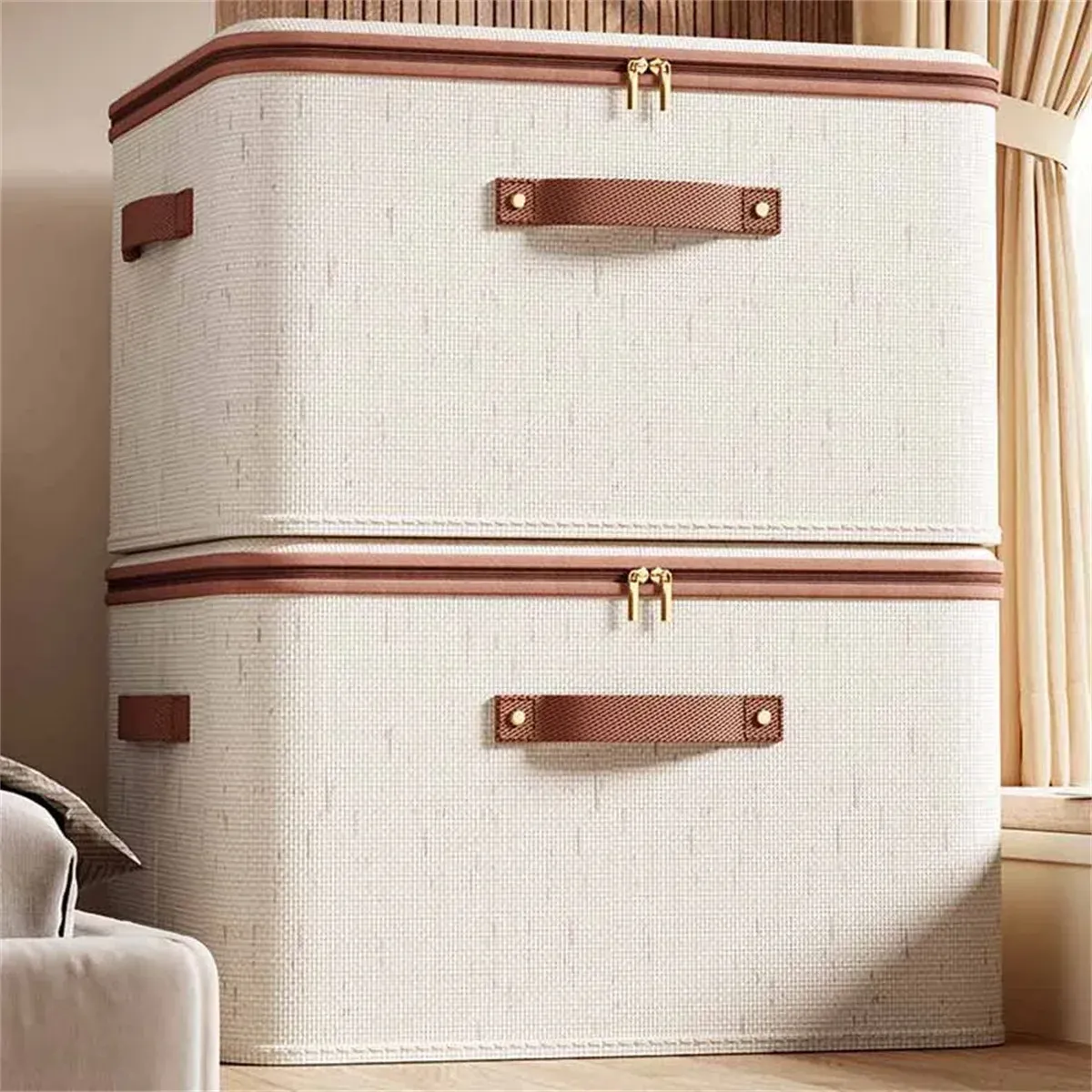 Grande boîte de rangement en coton et lin avec couvercle, vue d'ensemble