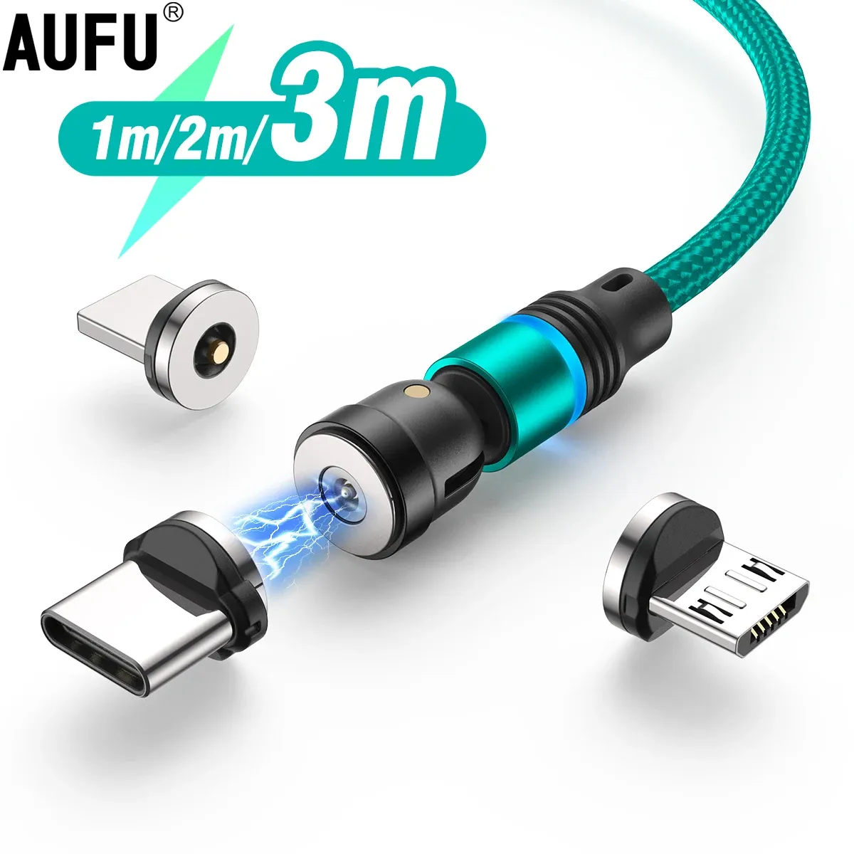 Câble de charge magnétique AUFU avec connecteur Micro USB et Type C, compatible iPhone 11 Pro, XS Max et Xiaomi, rotation à 540 degrés