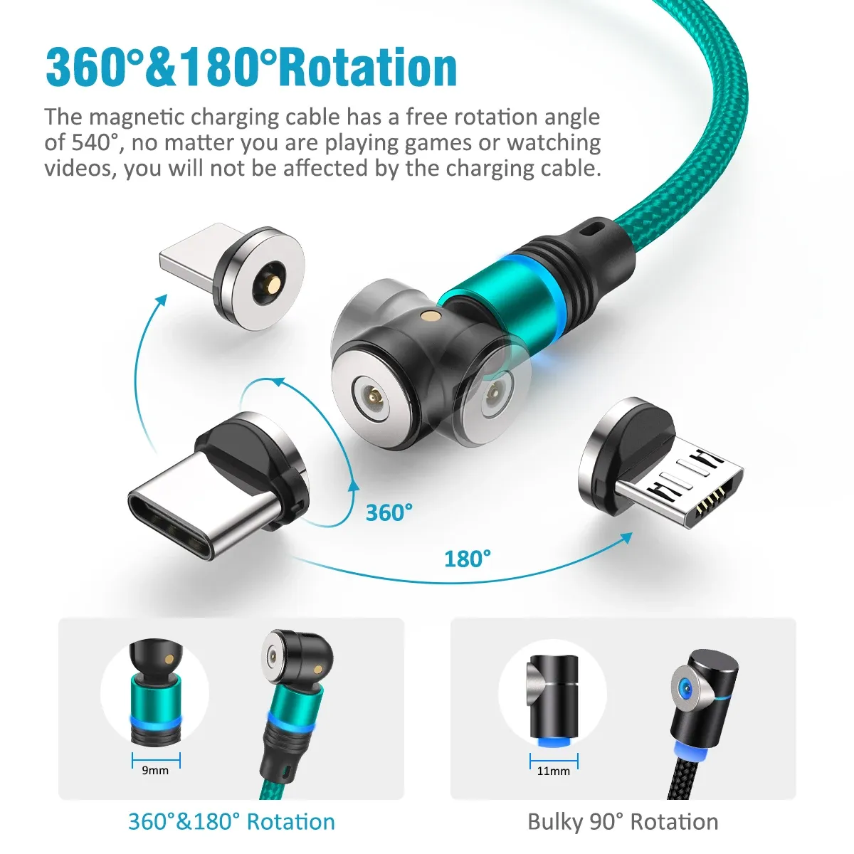 Câble de charge magnétique AUFU avec connecteur Micro USB et Type C, compatible iPhone 11 Pro, XS Max et Xiaomi, rotation à 540 degrés 2