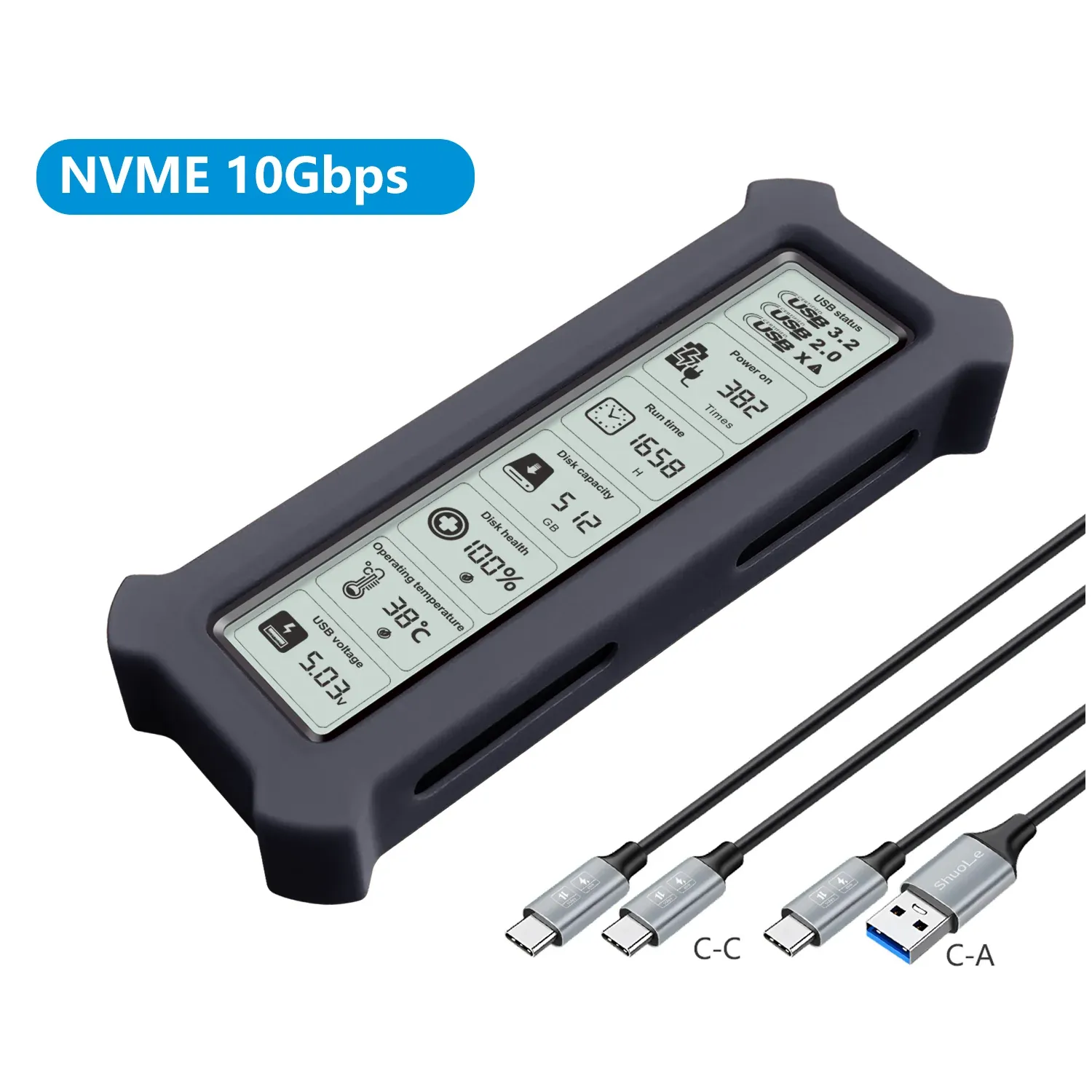 Boîtier SSD M.2 NVMe intelligent à affichage visuel, USB 3.2 Gen 2 10 Gbit/s, PCI-E 7