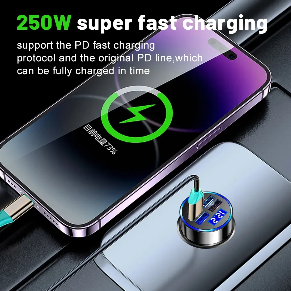 Chargeur de voiture USB-C 250 W PD à charge rapide pour iPhone 13 Pro, Xiaomi, Huawei et Samsung 4