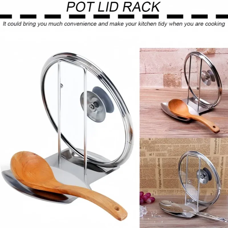 Support de couvercle de casserole en acier inoxydable, étagère de couvercle détachable, porte-spatule multifonctionnel pour cuisine, support de cuillère, accessoires de cuisine 2