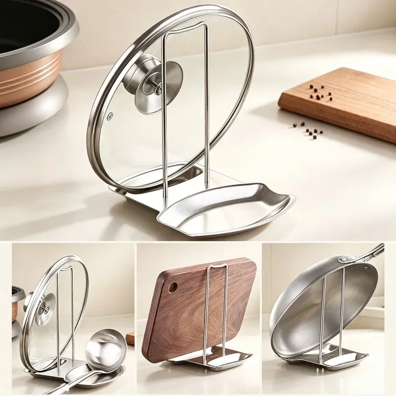 Support de couvercle de casserole en acier inoxydable, étagère de couvercle détachable, porte-spatule multifonctionnel pour cuisine, support de cuillère, accessoires de cuisine - Image 1