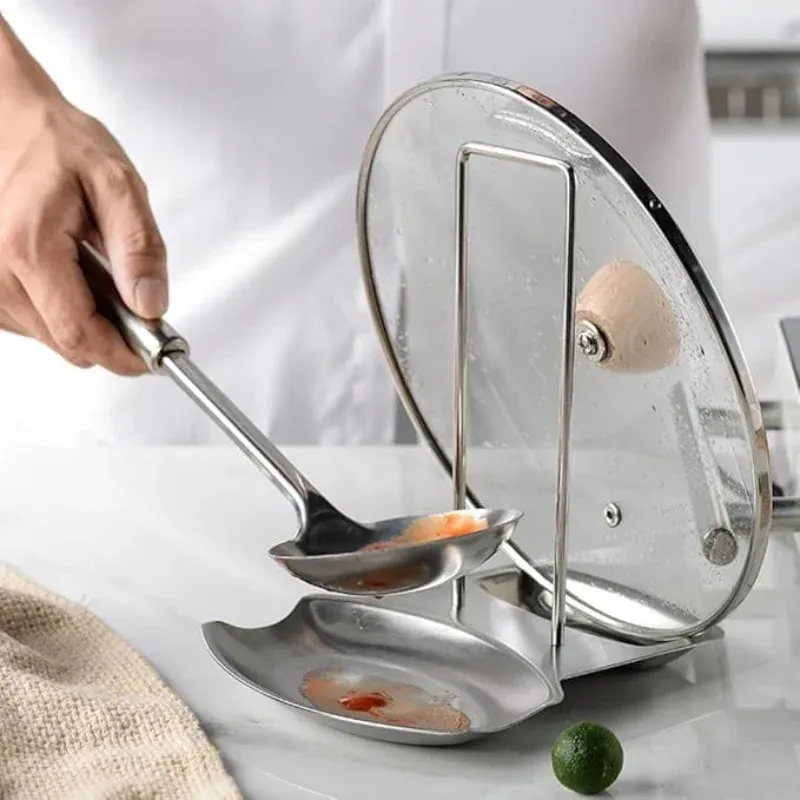 Support de couvercle de casserole en acier inoxydable, étagère de couvercle détachable, porte-spatule multifonctionnel pour cuisine, support de cuillère, accessoires de cuisine 3