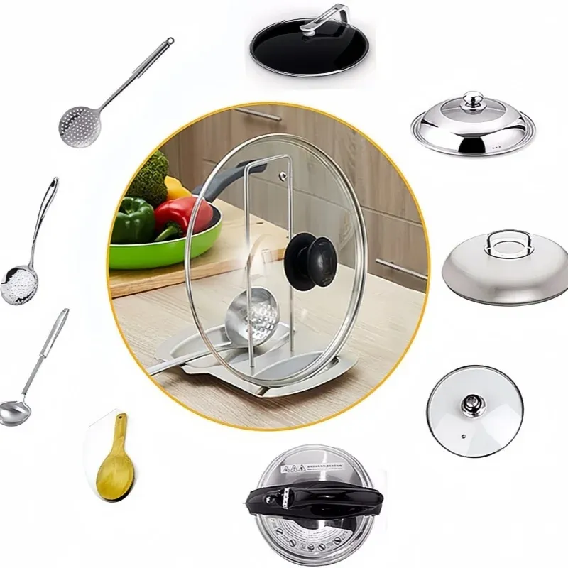 Support de couvercle de casserole en acier inoxydable, étagère de couvercle détachable, porte-spatule multifonctionnel pour cuisine, support de cuillère, accessoires de cuisine 4