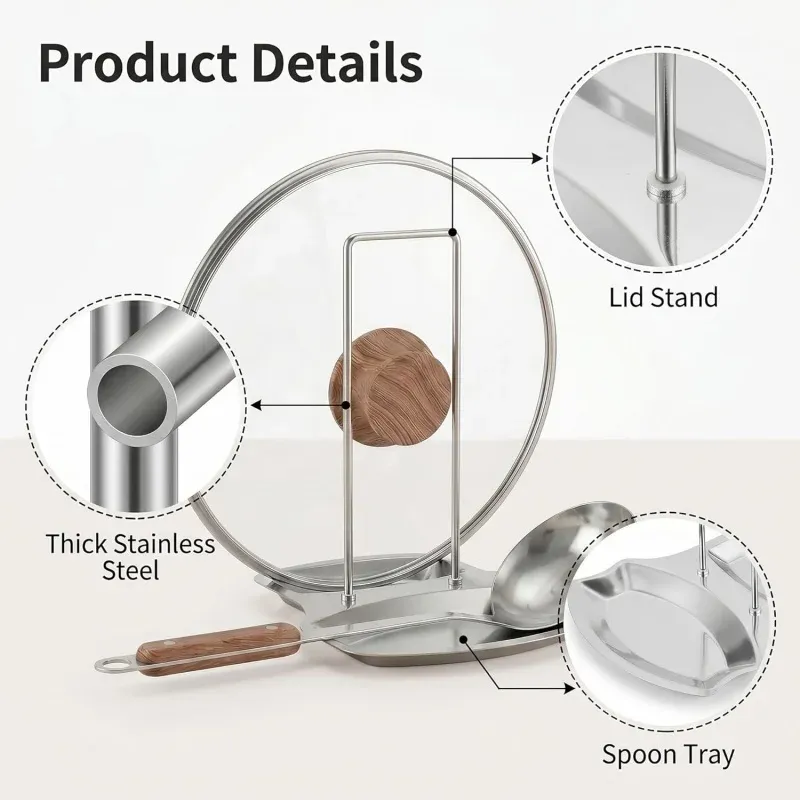 Support de couvercle de casserole en acier inoxydable, étagère de couvercle détachable, porte-spatule multifonctionnel pour cuisine, support de cuillère, accessoires de cuisine 5