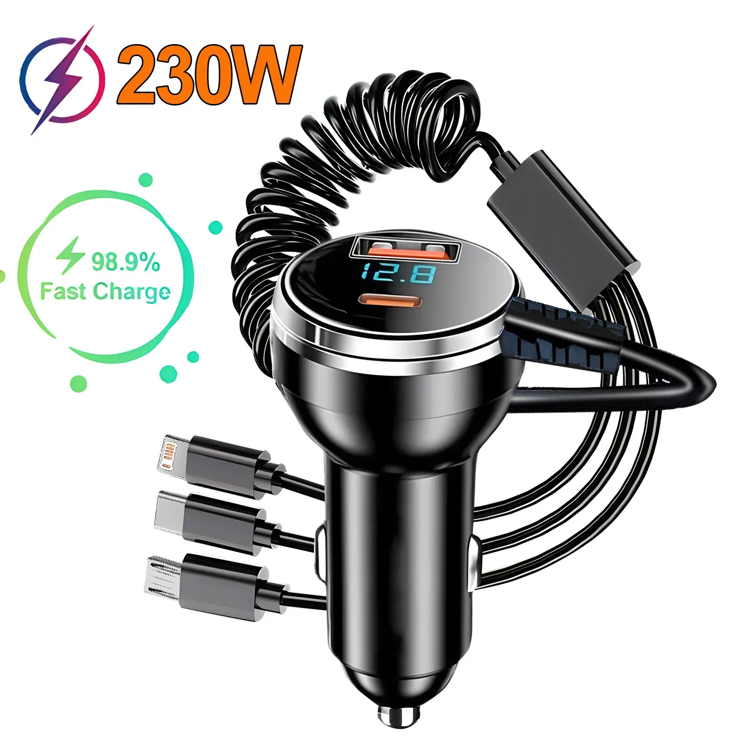 Chargeur de voiture 230 W à 5 ports avec charge rapide PD et QC 3.0, USB-C