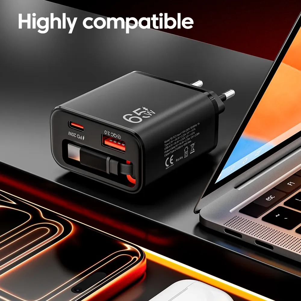 Chargeur GaN 65 W USB-C à charge rapide avec câble rétractable et prises EU, US et UK 5
