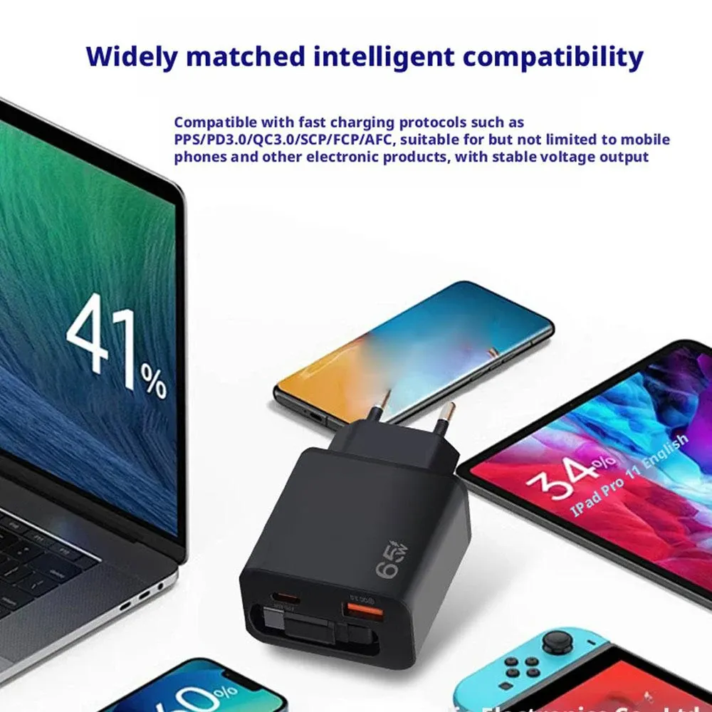 Chargeur GaN 65W avec câble rétractable, vue principale