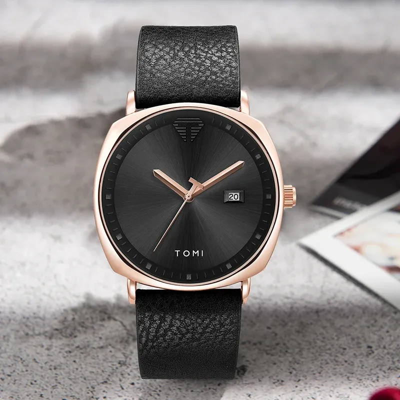 Montre pour homme minimaliste, mode sport, calendrier en cuir, montre à quartz décontractée TOMI 4