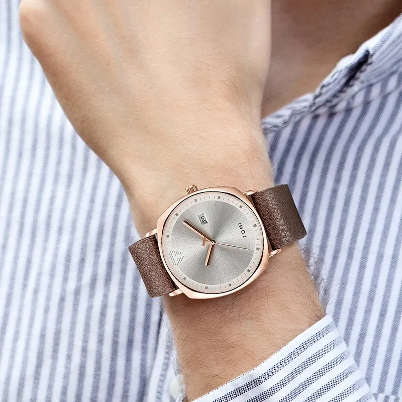 Montre pour homme minimaliste, mode sport, calendrier en cuir, montre à quartz décontractée TOMI 6