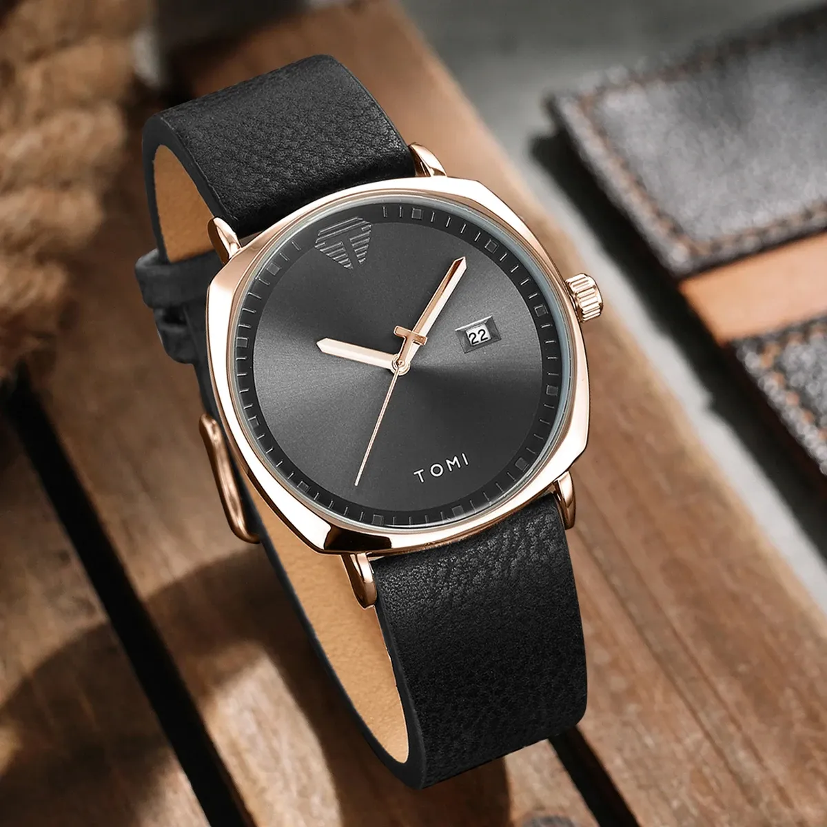 Montre pour homme minimaliste, mode sport, calendrier en cuir, montre à quartz décontractée TOMI 8