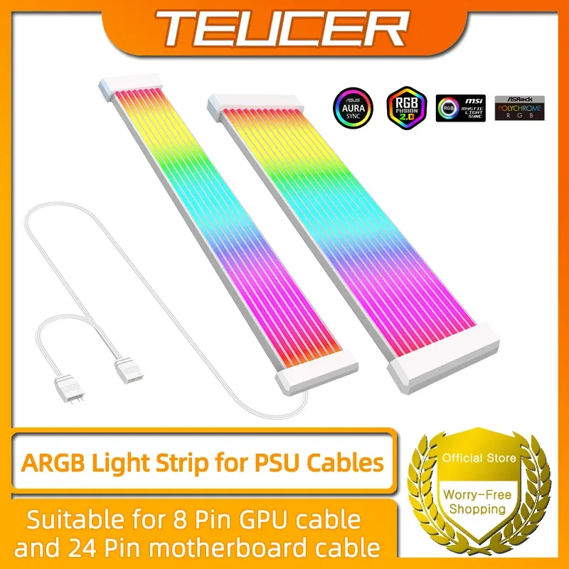 Bande lumineuse RVB pour PC avec câble d'extension ARGB 5 V à 3 broches, compatible PSU et GPU (6, 8, 12, 16 et 24 broches)
