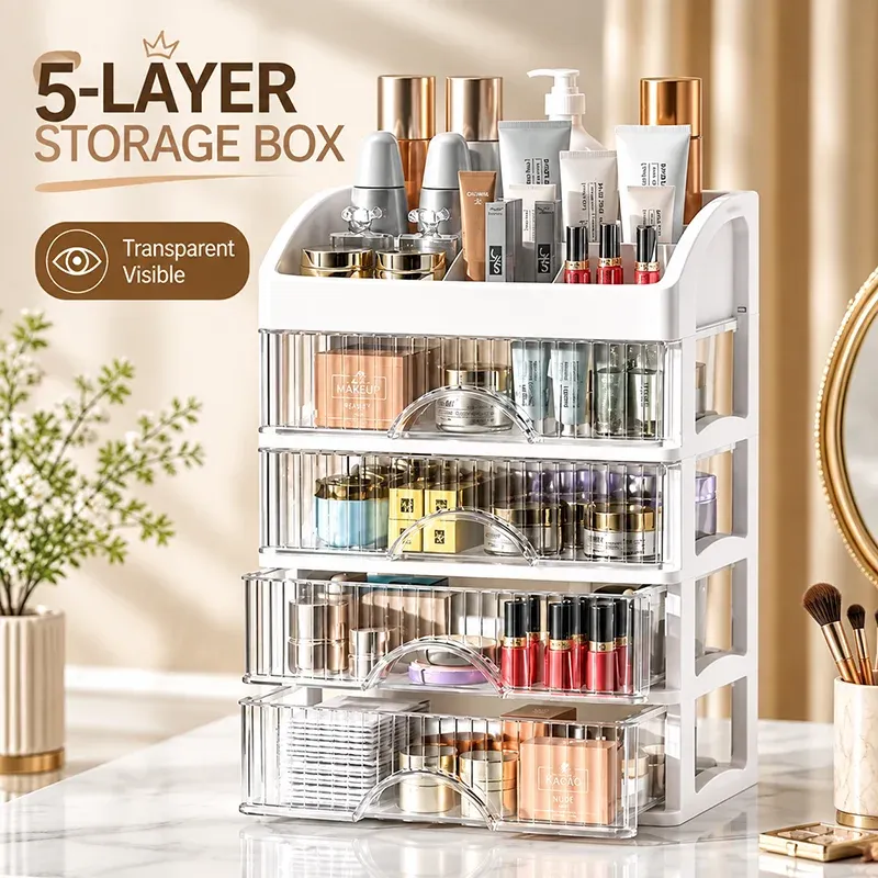 Organisateur de maquillage à 5 niveaux avec tiroirs, boîte de rangement cosmétique pour coiffeuse, bureau ou armoire, transparent et multi-usage